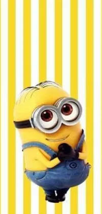 This lively phone live wallpaper features a yellow and white striped background adorned with a beloved yellow minion character from a popular animated movie series