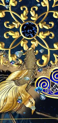 Looking for a phone live wallpaper that's both stunning and unique? Look no further than this incredible blue and gold digital art piece! Featuring a close up view of an ornately detailed galactic design against a dark blue watery backdrop, this wallpaper is perfect for anyone seeking a stylish profile image or simply a beautiful display for their device