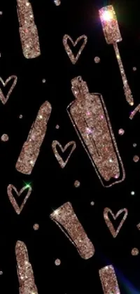 This phone live wallpaper showcases a black background with glitter and heart shapes in a trendy, fashion-forward design