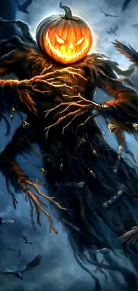 This phone live wallpaper depicts a spooky scarecrow with a pumpkin for a head in a digital art style