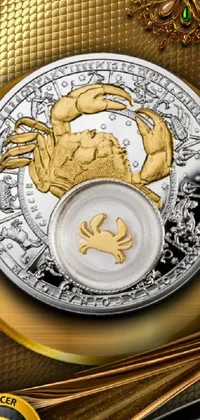 This phone live wallpaper features a gold and silver plate with a crab on it, designed with the crypto community in mind