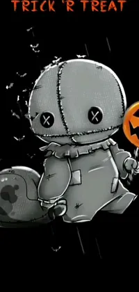 This phone live wallpaper features an adorable cartoon character holding a bag of treats with a mischievous grin, perfect for Halloween season