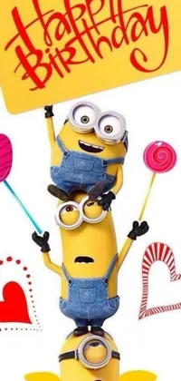 Transform your phone's screen into a delightfully fun and festive scene with this live wallpaper! Featuring a playful minion holding a cheerful "Happy Birthday" sign and a collection of colorful lollipops