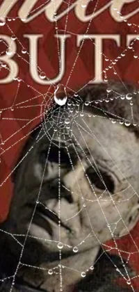 This phone live wallpaper features a detailed close-up of a person trapped in a spider web