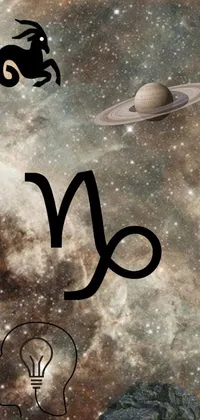 This phone live wallpaper depicts a zodiac sign against a backdrop of planets and features an artistic blend of Arabic aesthetics and alien writing