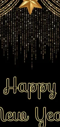 Decorate your phone with the stunning Happy New Year live wallpaper! Enjoy the sight of a golden star against a black background, accompanied by the elegant words of the same meaning in white cursive letters