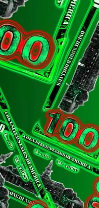 This live wallpaper showcases a pile of money with a "1 0 0" sign on a green background
