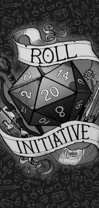 This live wallpaper for phones features a striking black and white drawing of a dice-roll, inspired by classic Dungeons and Dragons magazine covers