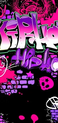 This live wallpaper features a brick wall with bold, Tumblr-inspired graffiti art in neon purple