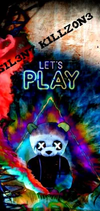 This phone live wallpaper showcases a vibrant artwork of a playful panda bear with the message "let's play"