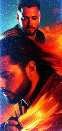 This stunning phone live wallpaper features a dramatic digital painting of two handsome men standing amidst fiery flames