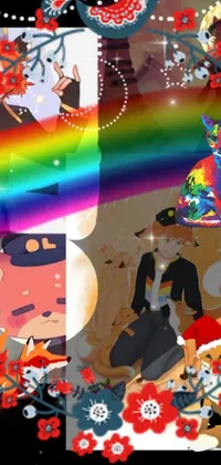 Looking for a lively and colorful phone live wallpaper? Try this one featuring a collage of furry cartoon characters set against a backdrop of a rainbow