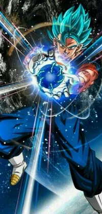 This live wallpaper features a dragon ball fighter in blue attire hovering over Earth in space accompanied by swirling clouds of energy and orbs of ki