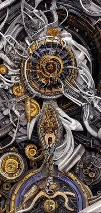 This phone live wallpaper features an intricate drawing of a clock in Kinetic Art style