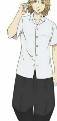 This phone live wallpaper features four different anime-inspired images, including a character in a white shirt and black pants, a simple cartoon-style drawing of a character in a white shirt and grey skirt, an anime-style character with large eyes and a playful expression, and a still from the anime film, "Shikamimi"