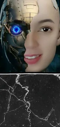 This phone live wallpaper features a stunning futuristic design of a robot head merged with a human face, with a planet forming the face