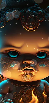This phone live wallpaper features a stunning digital painting of a baby with blue eyes , available in cartoon-style or as a fiery goddess