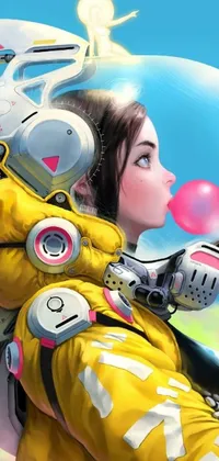 This phone wallpaper showcases a digital art of a female astronaut wearing a yellow space suit blowing a bubble gum