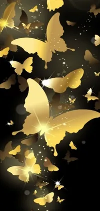 This beautiful phone live wallpaper features a group of golden butterflies in vector art style, set against a dark background