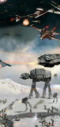 This live wallpaper showcases a Star Wars themed battle scene and features a variety of noteworthy elements such as robots, blasters, and snowy terrain