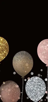 Get ready to elevate your phone's look with this whimsical live wallpaper! The design showcases a group of colorful balloons floating against a glittering background filled with black and brown shades, along with hints of rose gold