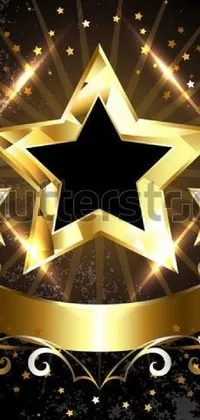 This phone live wallpaper features a stunning golden star with a flowing ribbon and smaller stars against a sleek black background