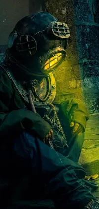This phone live wallpaper showcases a man wearing a gas mask resting beside a fire hydrant, creating a stunning colorized photo