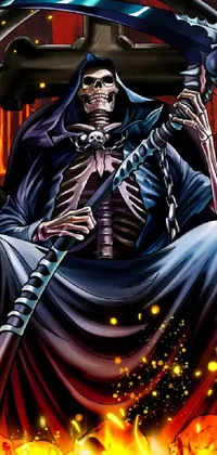 This phone wallpaper showcases a stunning digital drawing of a skeleton sitting on a gothic throne set against a hellish backdrop