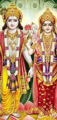 This phone live wallpaper showcases two Hindu deities standing together in peaceful harmony, adorned in traditional Indian attire