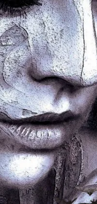 This live wallpaper is a stunning close-up of a sensually detailed face with cracked porcelain-like skin, inspired by the Kamelot album cover and Malice Mizer aesthetic