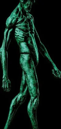 This live wallpaper features a green statue of a man captured mid-walk, set against a sleek black background
