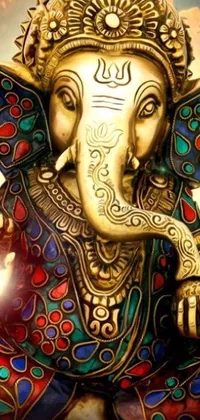 This phone live wallpaper showcases a close up view of a magnificent elephant statue, featuring digital art and a luxurious paisley wallpaper