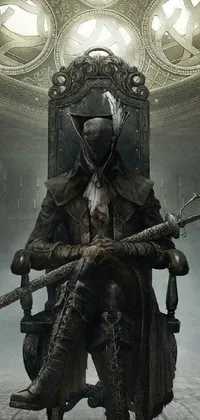 This intriguing phone live wallpaper features a man sitting on a throne holding a sword, donning a unique plague doctor mask
