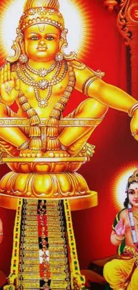 This captivating live wallpaper features a stunning painting of several Hindu deities depicted in vivid red and golden colors with intricate details