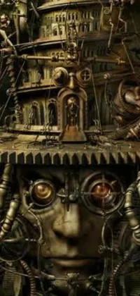 This phone live wallpaper showcases a surreal and steampunk-inspired artwork with a close-up of a person wearing a hat set against a vibrant poster art backdrop