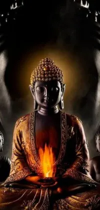 Unleash the tranquility with our phone live wallpaper that greets you with a calming Buddha statue settled before a flickering fire