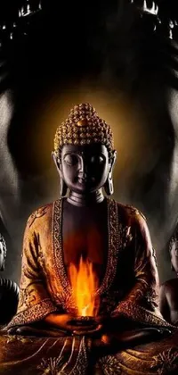 This live wallpaper showcases a serene Buddha statue in front of a calming fire, offering a peaceful ambiance to your phone