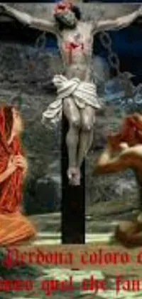 This live phone wallpaper depicts a serene scene of a wooden cross with a person nailed to it and a woman kneeling in front of it