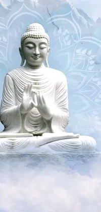 This phone live wallpaper features a beautifully detailed white Buddha statue sitting on a cloud-covered ground
