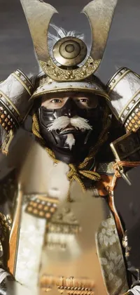 This phone live wallpaper showcases a digital rendering of a Japanese samurai costume with a white and orange breastplate and intricate knotwork pattern