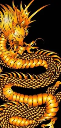 This stunning live wallpaper for your phone features a golden dragon against a black background inspired by the Japanese sōsaku hanga art style