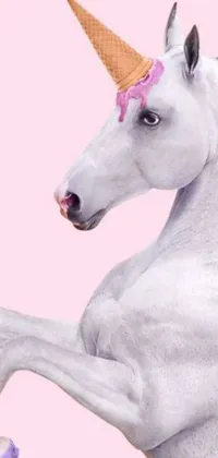This phone live wallpaper showcases a hyperrealistic illustration of a white horse with an ice cream cone atop its head