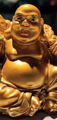Get this unique phone live wallpaper featuring a stunning gold statue of laughing buddha designed in ancient China art style, poised on a table with its small chin, making it look cute and elegant