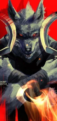 This live wallpaper showcases a captivating illustration of a demonic creature with black fur, wolf ears, and sharp teeth, standing on a vivid red background