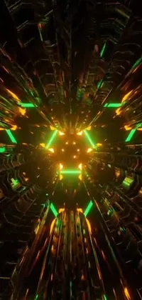 This phone live wallpaper boasts a vivid and intricate display of green and yellow lights in a spaceship