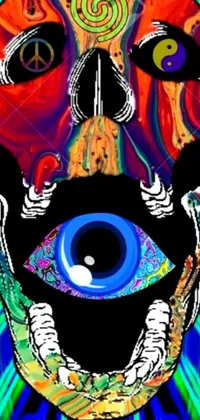 This phone live wallpaper features a vibrant and psychedelic painting of a skull with a pulsing eye