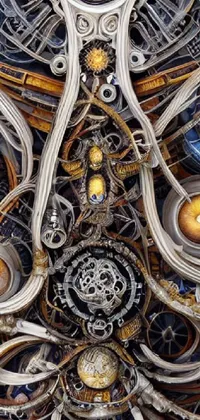 This live wallpaper features a highly-detailed clock mechanism with kinetic movement, set against a mesmerizing background painting inspired by mandelbot fractals