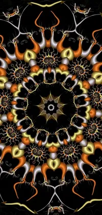 This live phone wallpaper displays an inspired close-up circular design on a black background featuring beautiful digital art with intricate golden tentacles and a white mandala with bone-like patterns