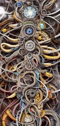This phone live wallpaper features an assemblage of metal items piled on top of each other, combined with intricately detailed white biomechanical shapes