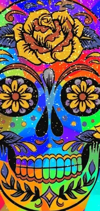 This phone live wallpaper features a vibrant, colorful sugar skull decorated in roses, perfect for fans of Mexican culture and the Day of the Dead tradition